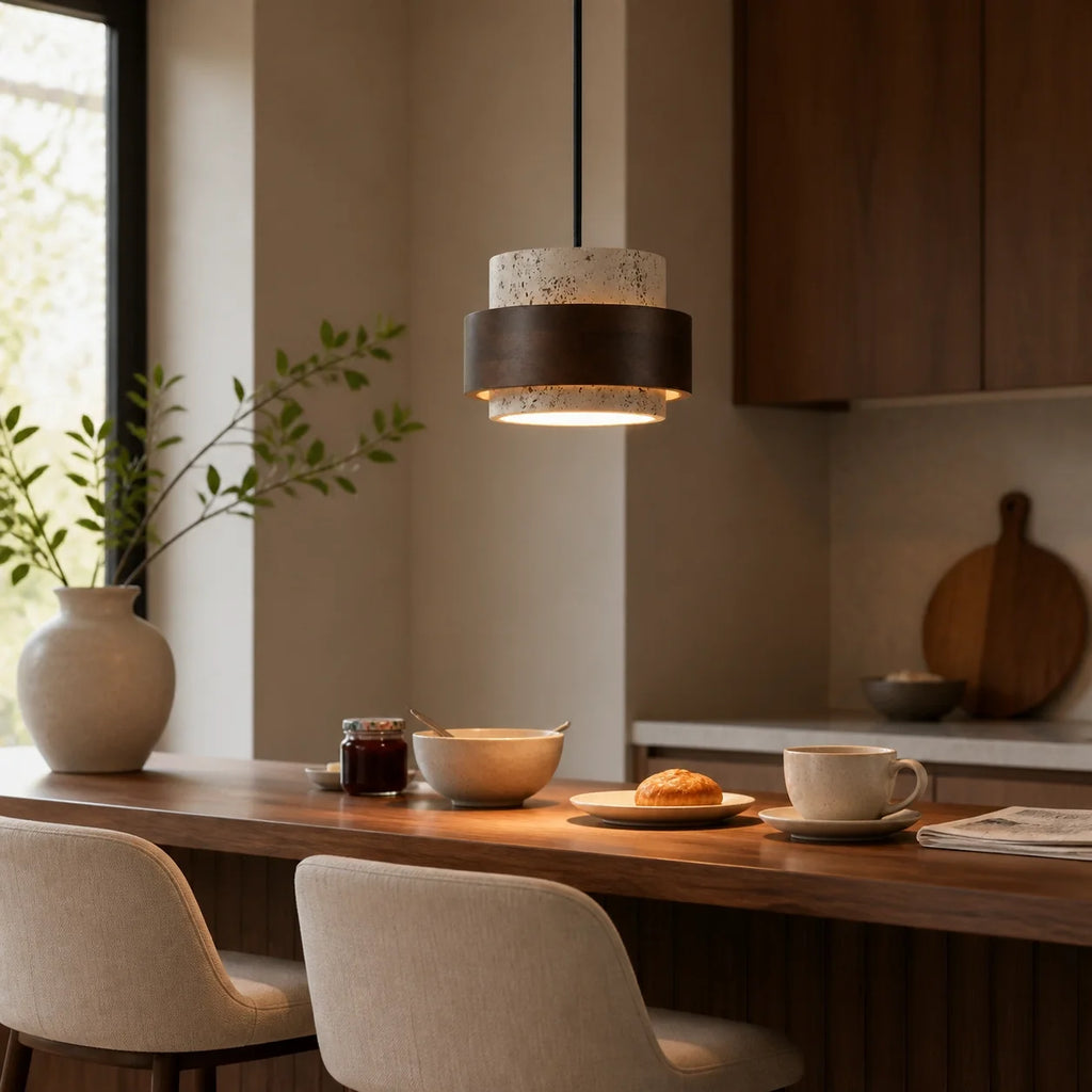 Pendant Light Wood Travertine Cylinder Japandi Design