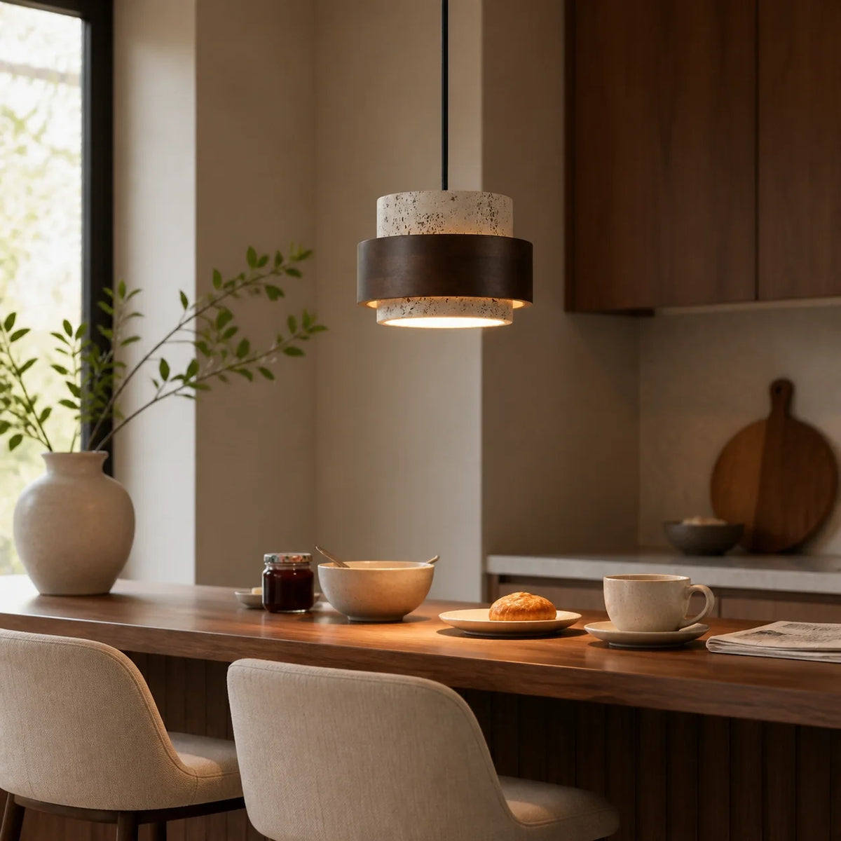 Pendant Light Wood Travertine Cylinder Japandi Design