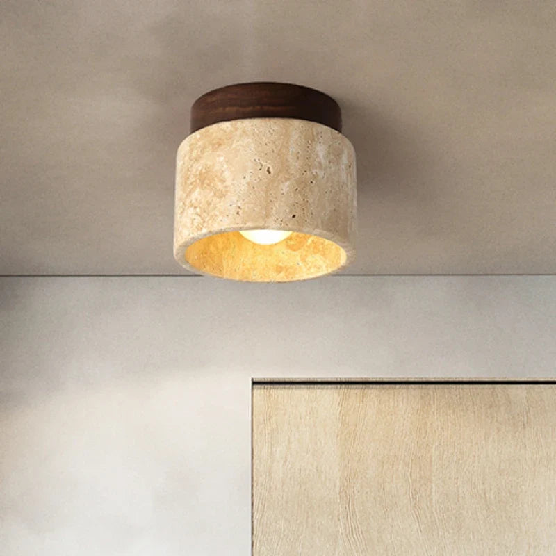 Ceiling Light Travertine Wood Frosted Diffuser Modern