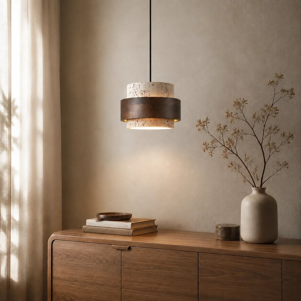 Pendant Light Wood Travertine Cylinder Japandi Design