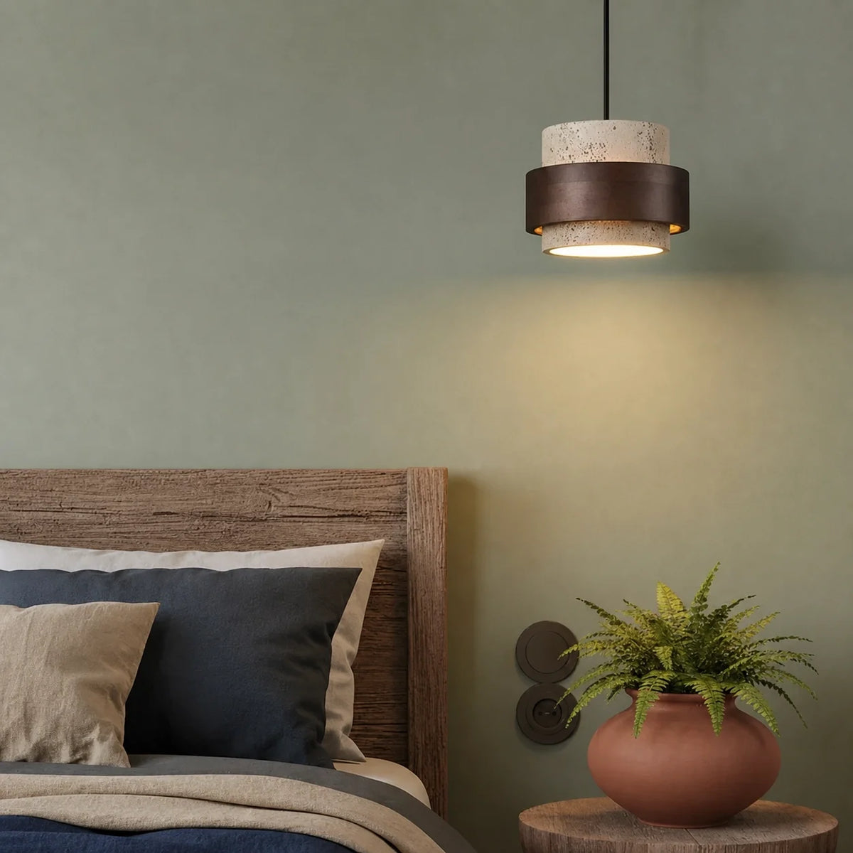 Pendant Light Wood Travertine Cylinder Japandi Design