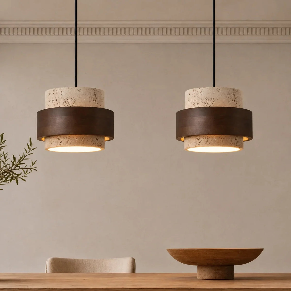 Pendant Light Wood Travertine Cylinder Japandi Design