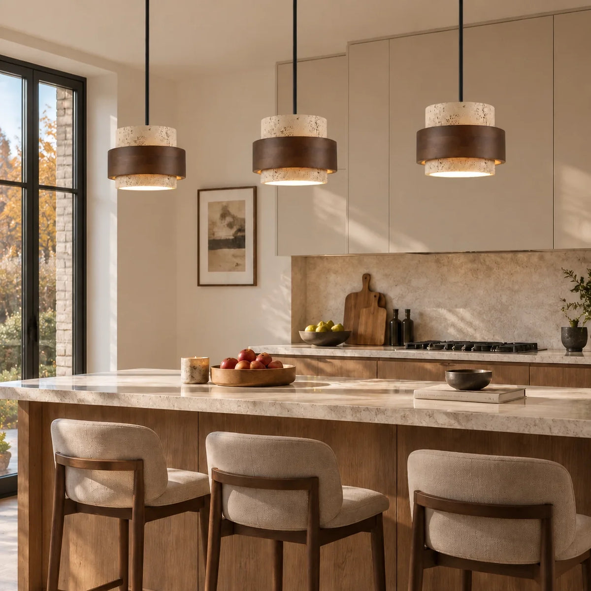 Pendant Light Wood Travertine Cylinder Japandi Design