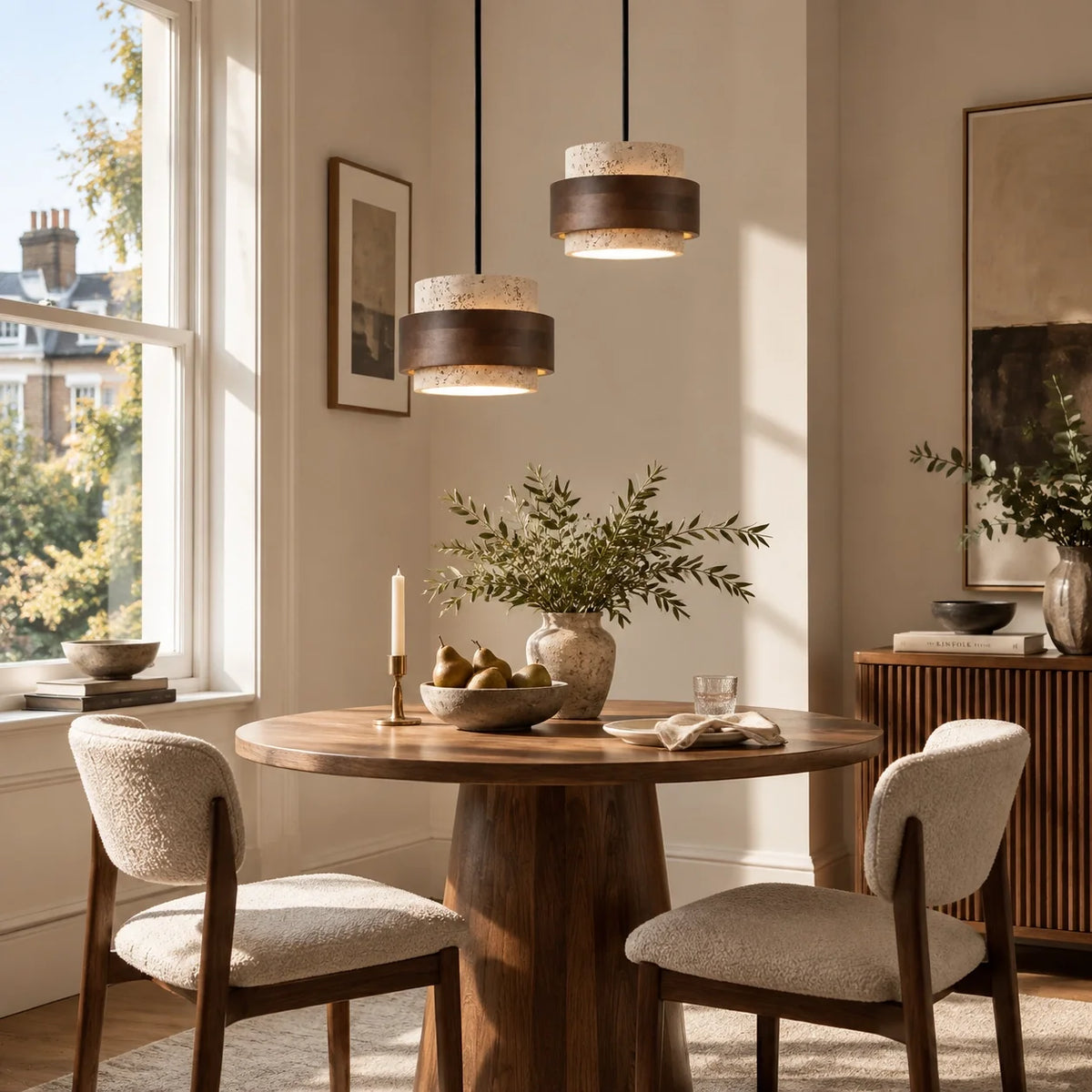 Pendant Light Wood Travertine Cylinder Japandi Design