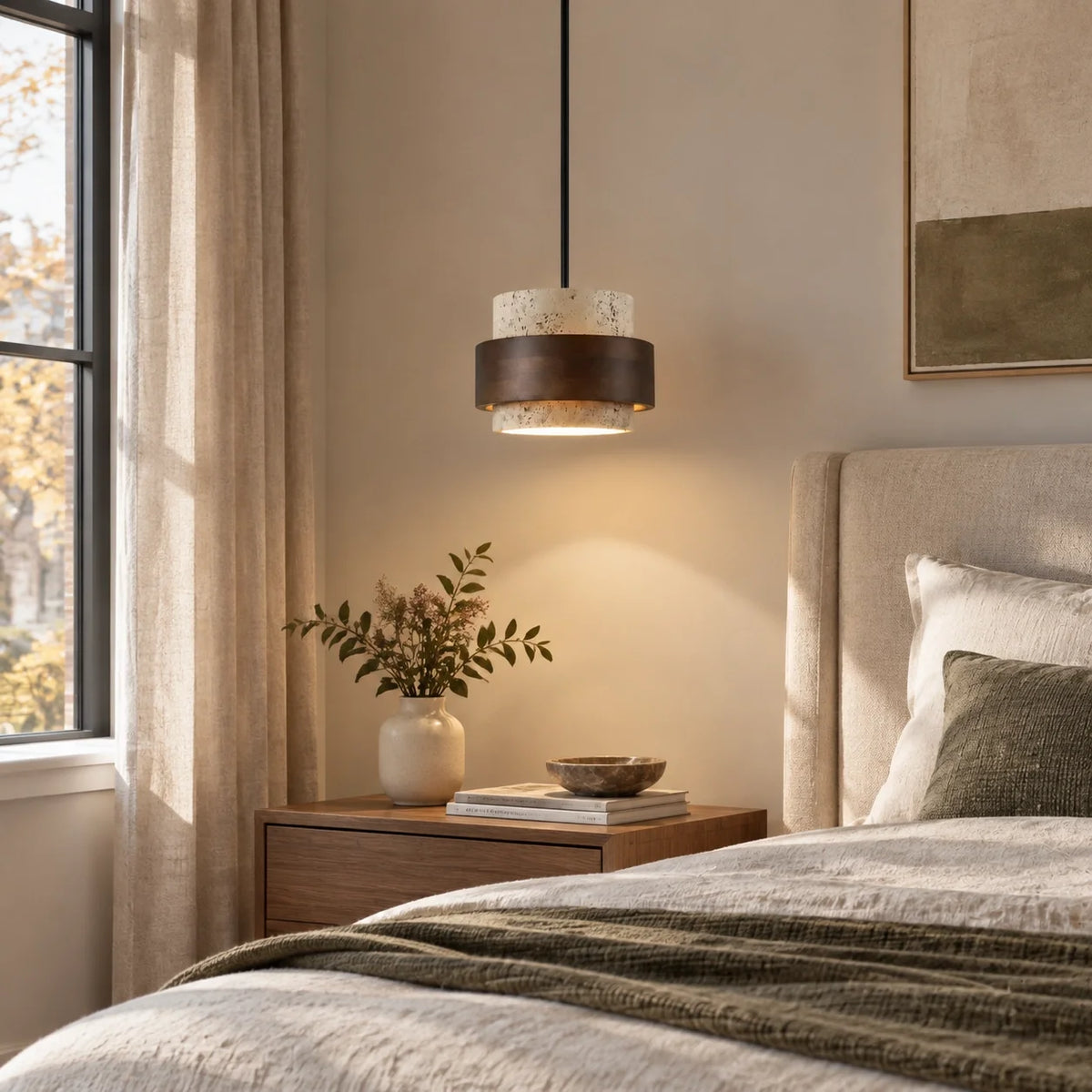 Pendant Light Wood Travertine Cylinder Japandi Design