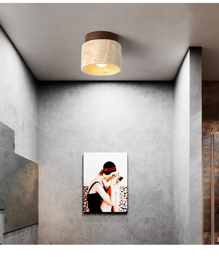 Ceiling Light Travertine Wood Frosted Diffuser Modern