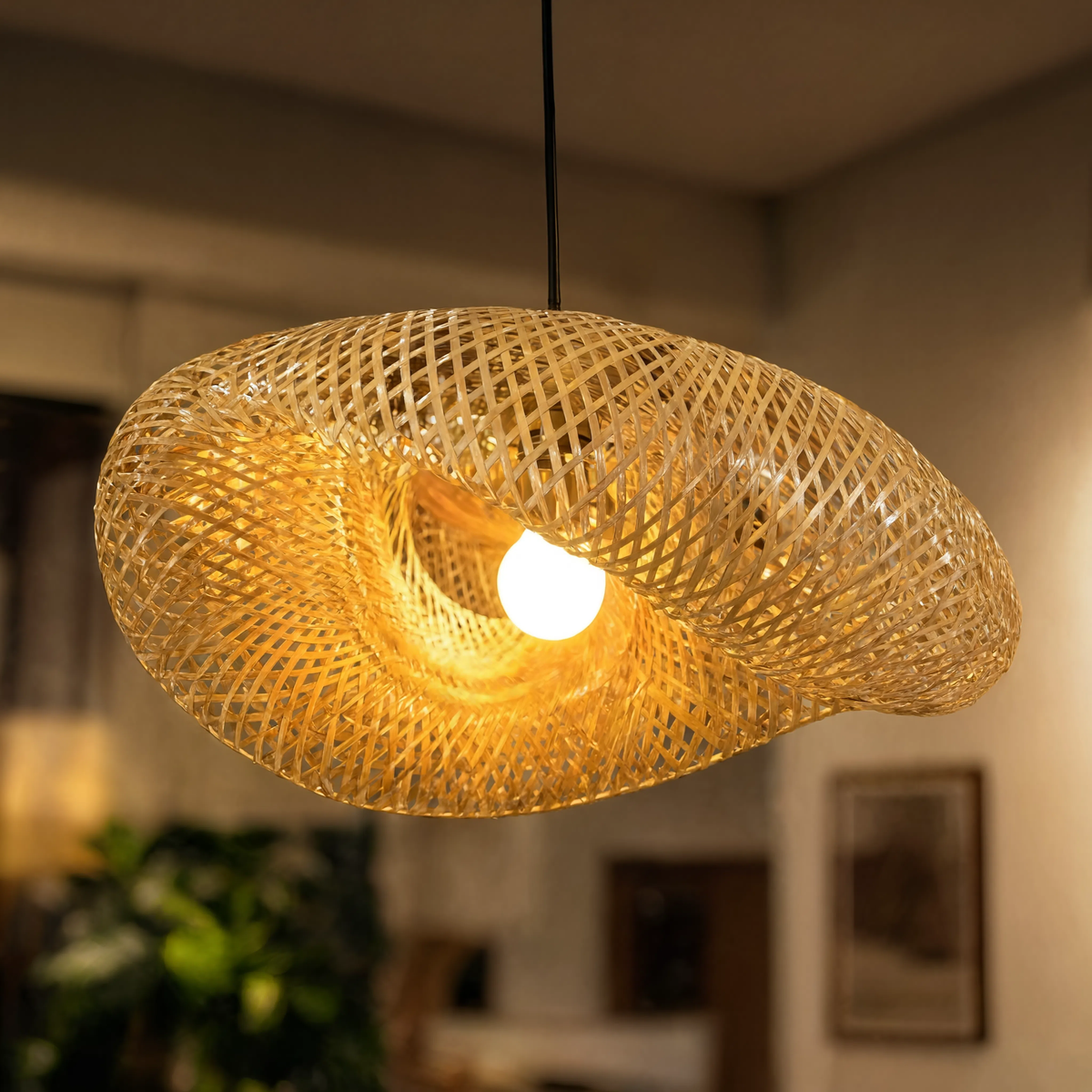Bamboo Pendant Light Hand-Braided Black Base E27