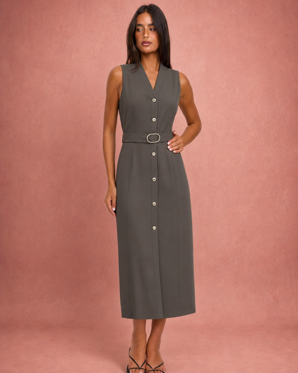 V-Neck Button-Front D-Ring Belt Sleeveless Midi Shirt Dress - As Pictured