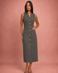 V-Neck Button-Front D-Ring Belt Sleeveless Midi Shirt Dress - As Pictured