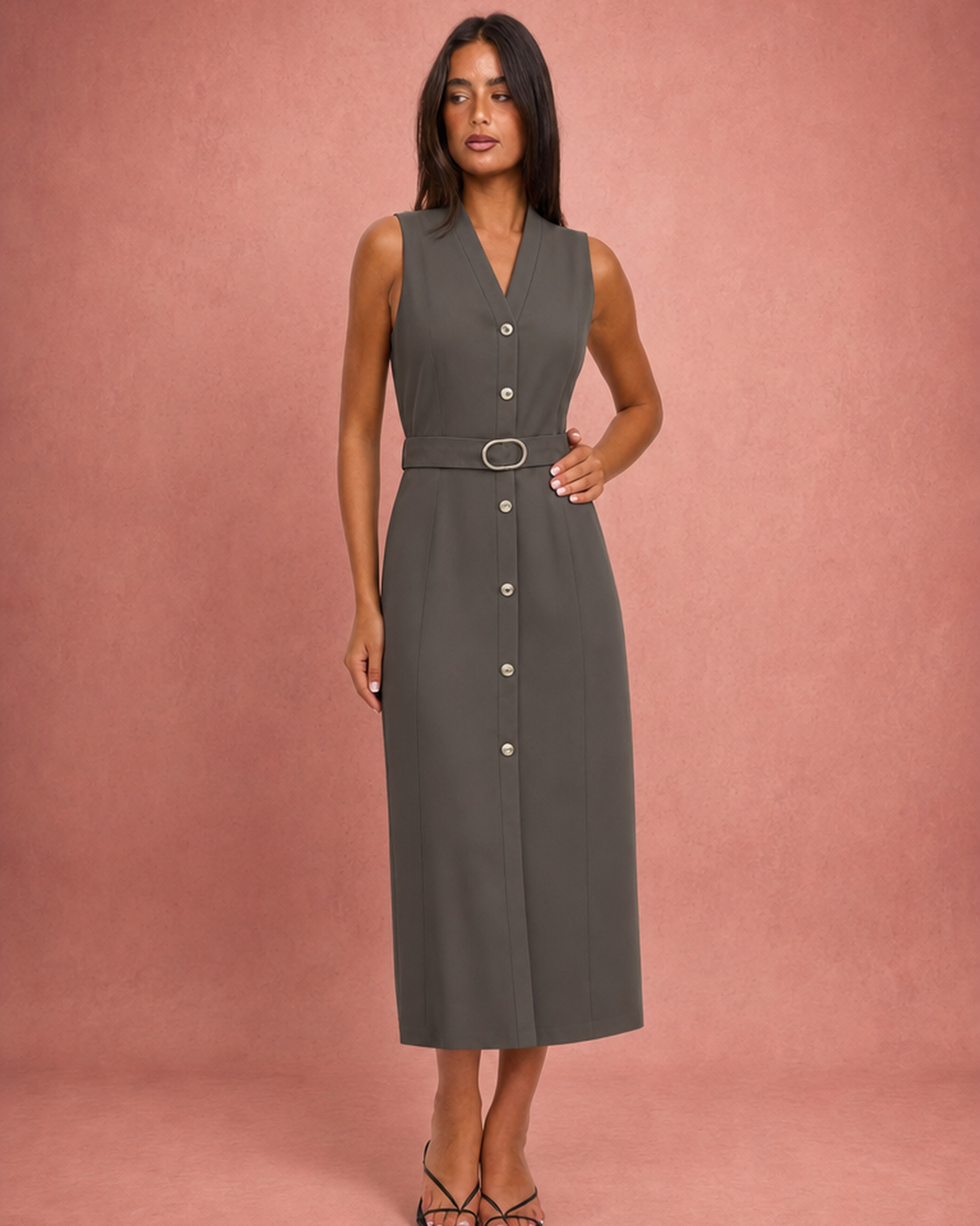 V-Neck Button-Front D-Ring Belt Sleeveless Midi Shirt Dress - As Pictured