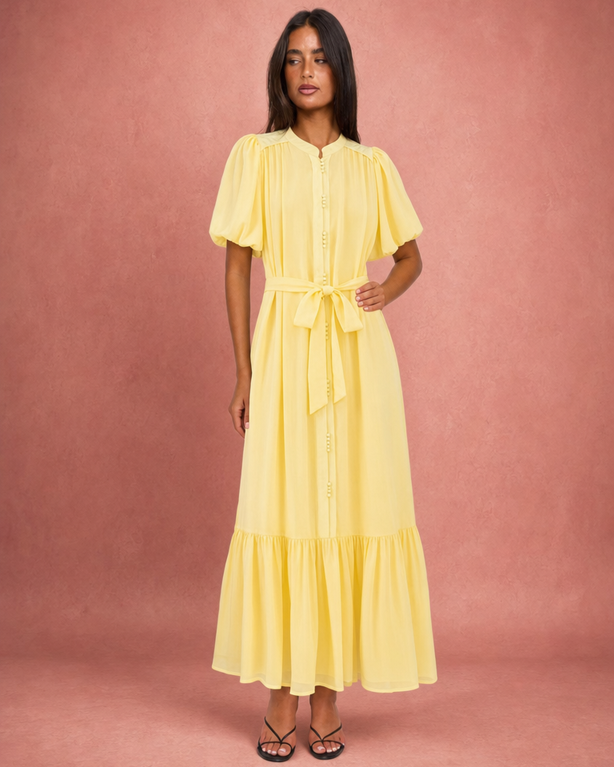 Round Neck Puff Sleeve Tie-Waist Tiered Maxi Dress - Yellow