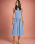 Round Neck Smocked Bodice A-Line Midi Dress - Blue Plaid