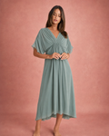 V-Neck Ruched Bodice Wide Sleeve Chiffon Maxi Dress - Light Green