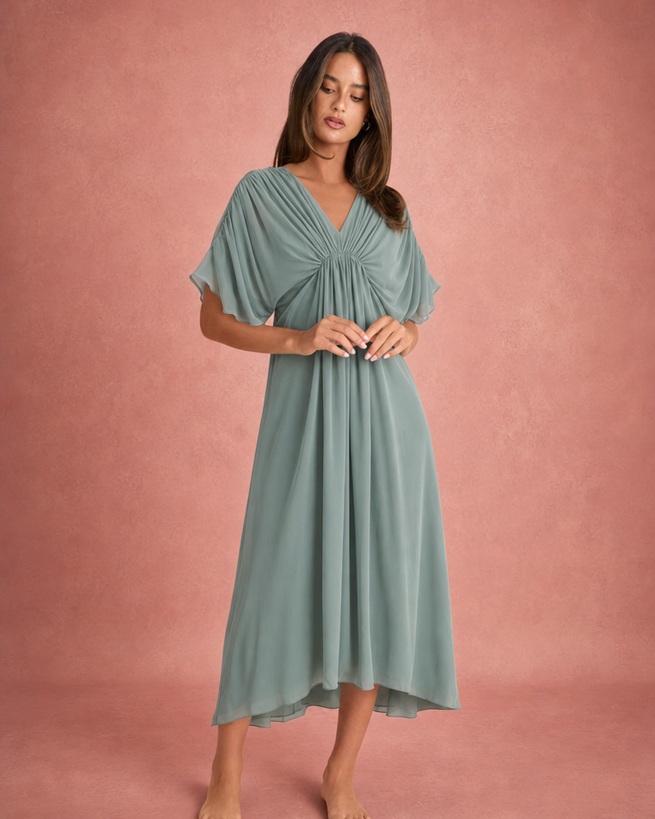 V-Neck Ruched Bodice Wide Sleeve Chiffon Maxi Dress - Light Green