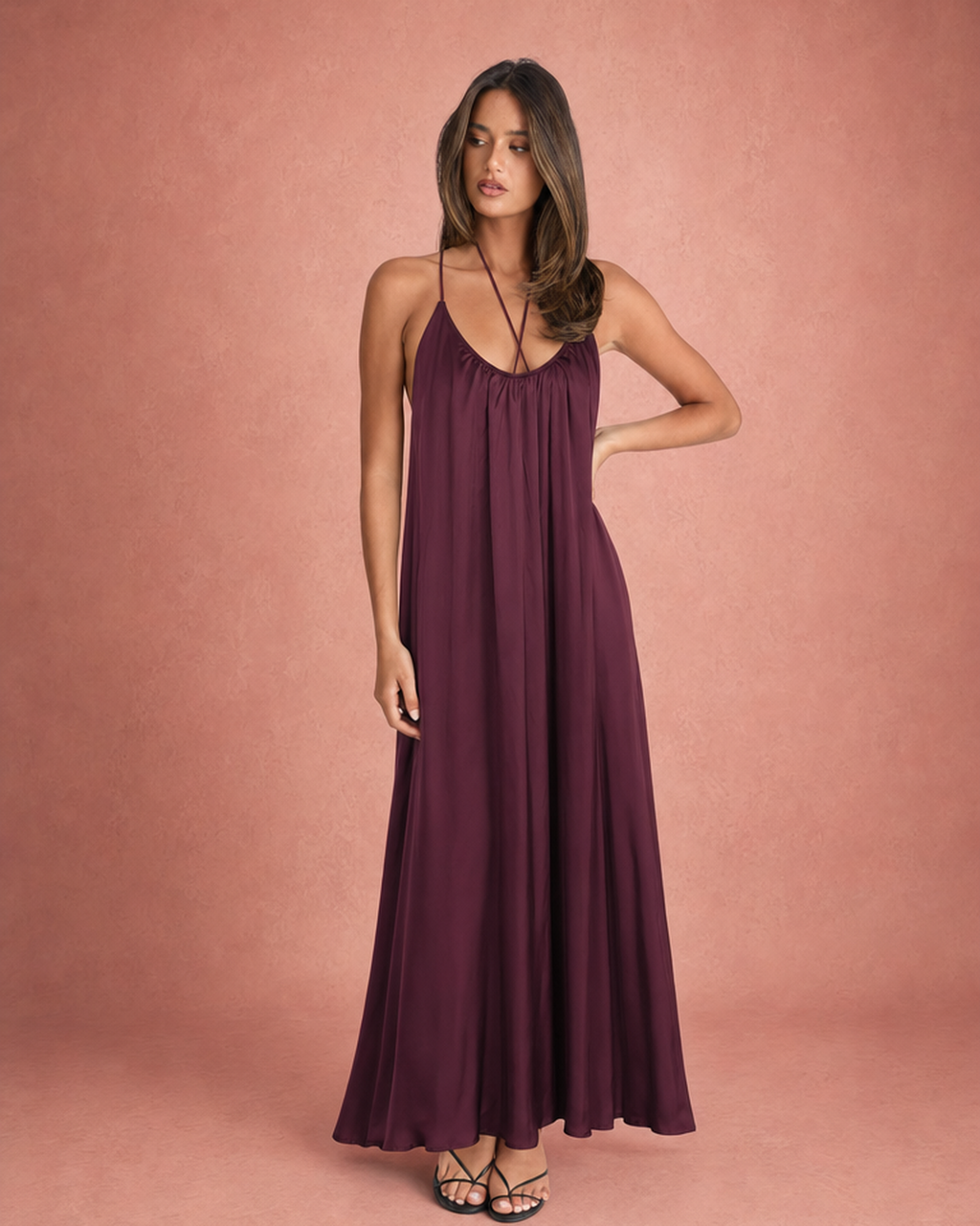 Halter Neck Backless A-Line Midi Dress - Wine Red