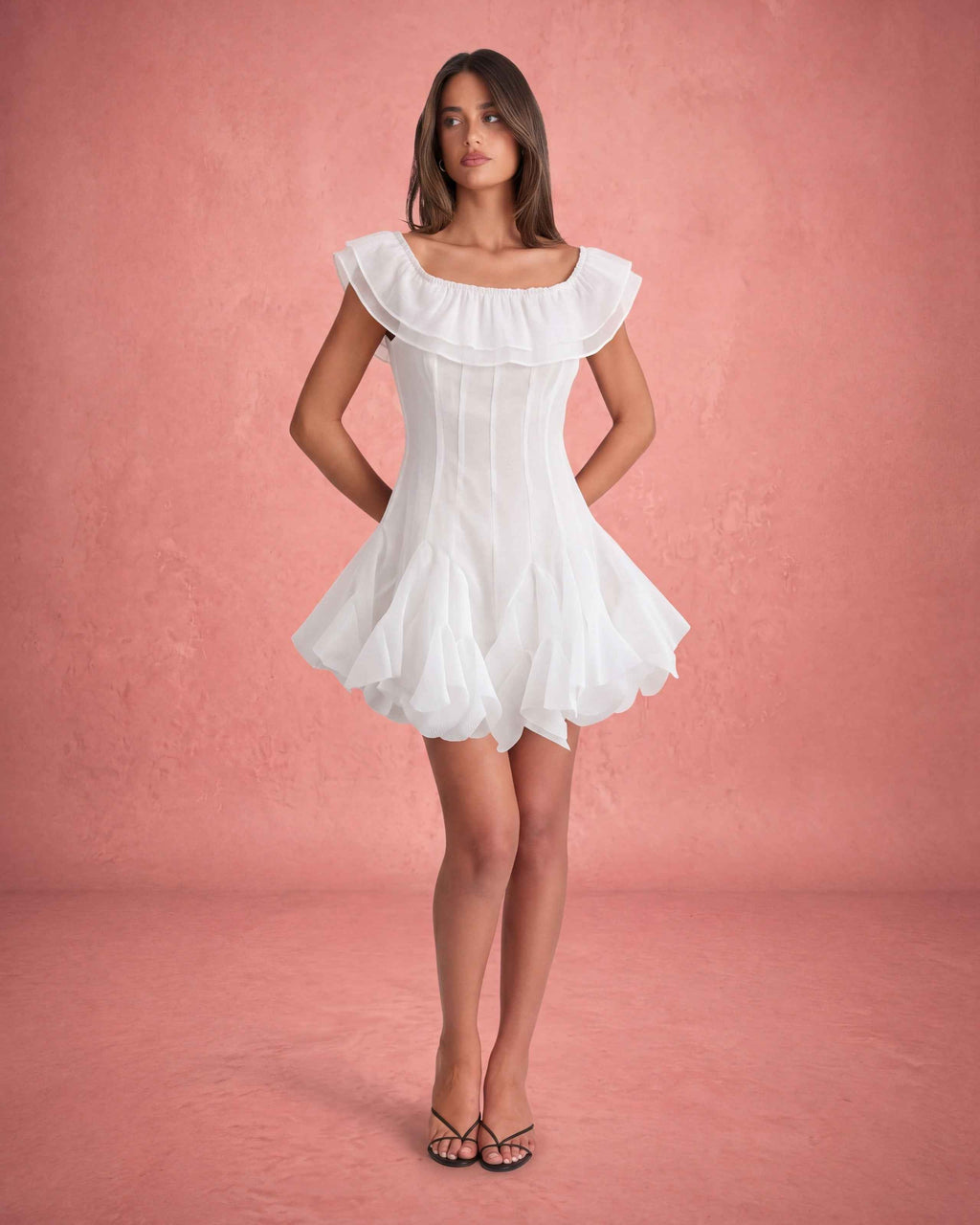 Off-Shoulder Ruffled Neckline Tiered Organza Mini Dress - White