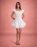 Off-Shoulder Ruffled Neckline Tiered Organza Mini Dress - White