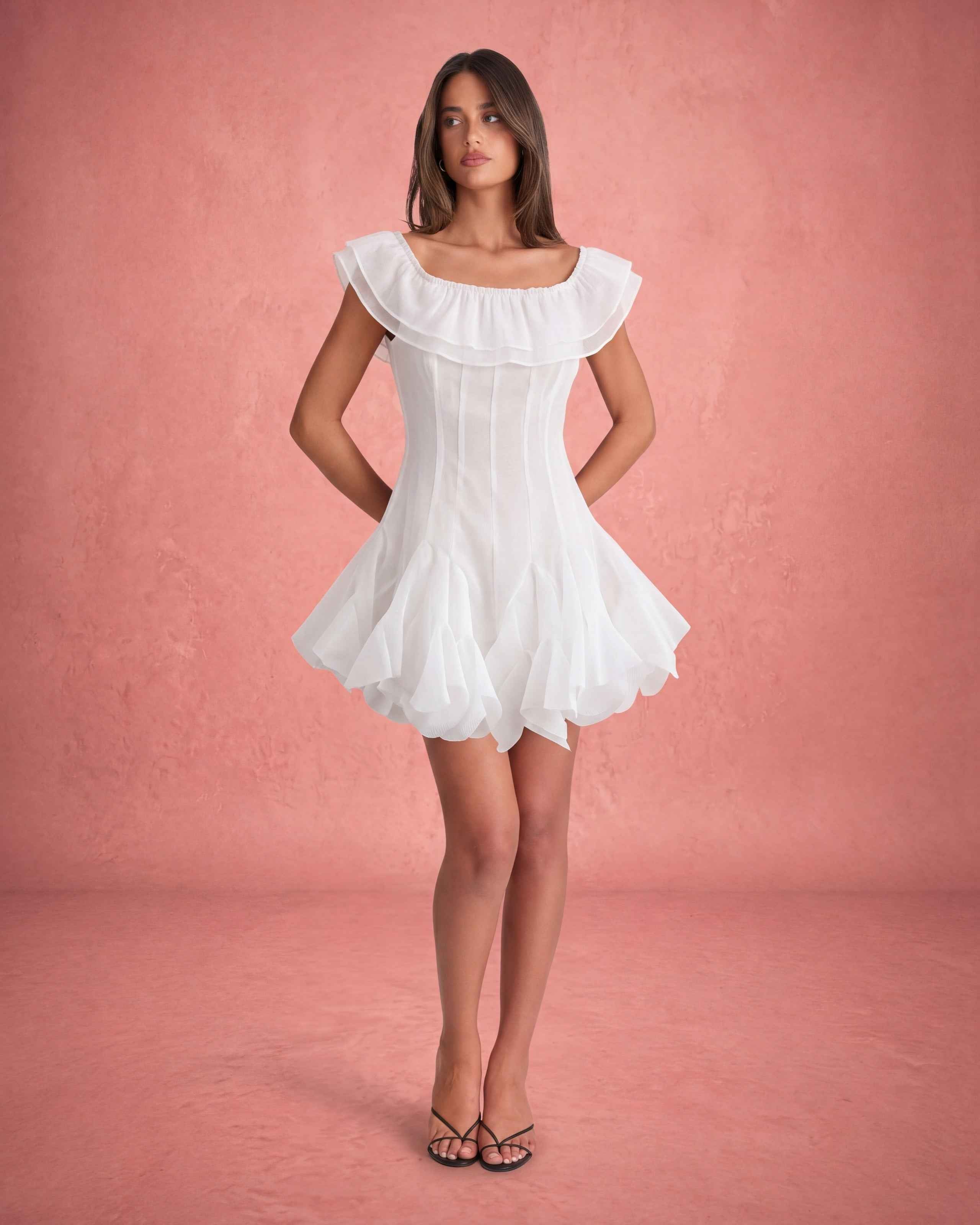 Off-Shoulder Ruffled Neckline Tiered Organza Mini Dress - White