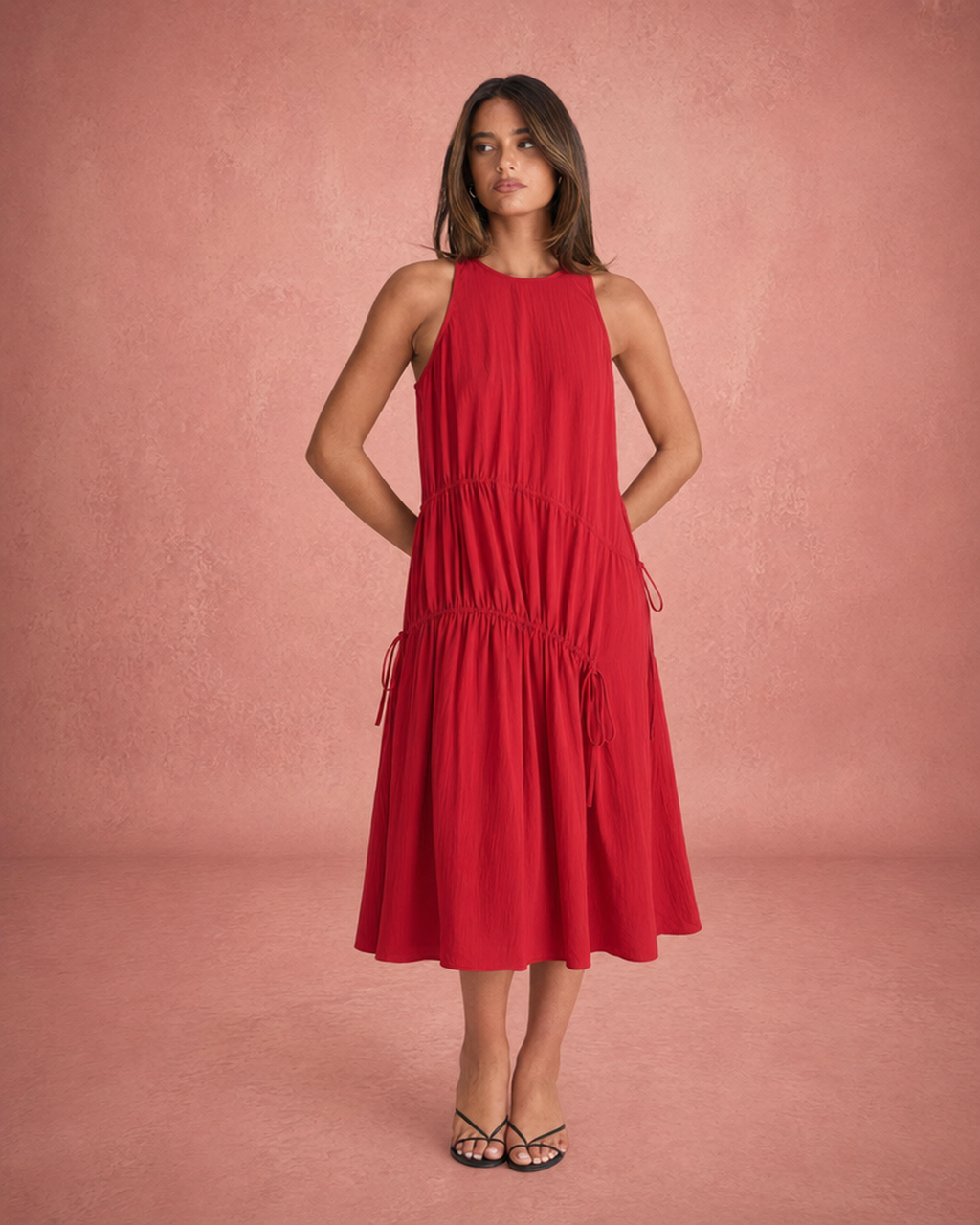 Sleeveless Flowing Satin Midi Dress - Black
