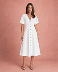 V-Neck Button-Front Wide Sleeve Midi Dress - White
