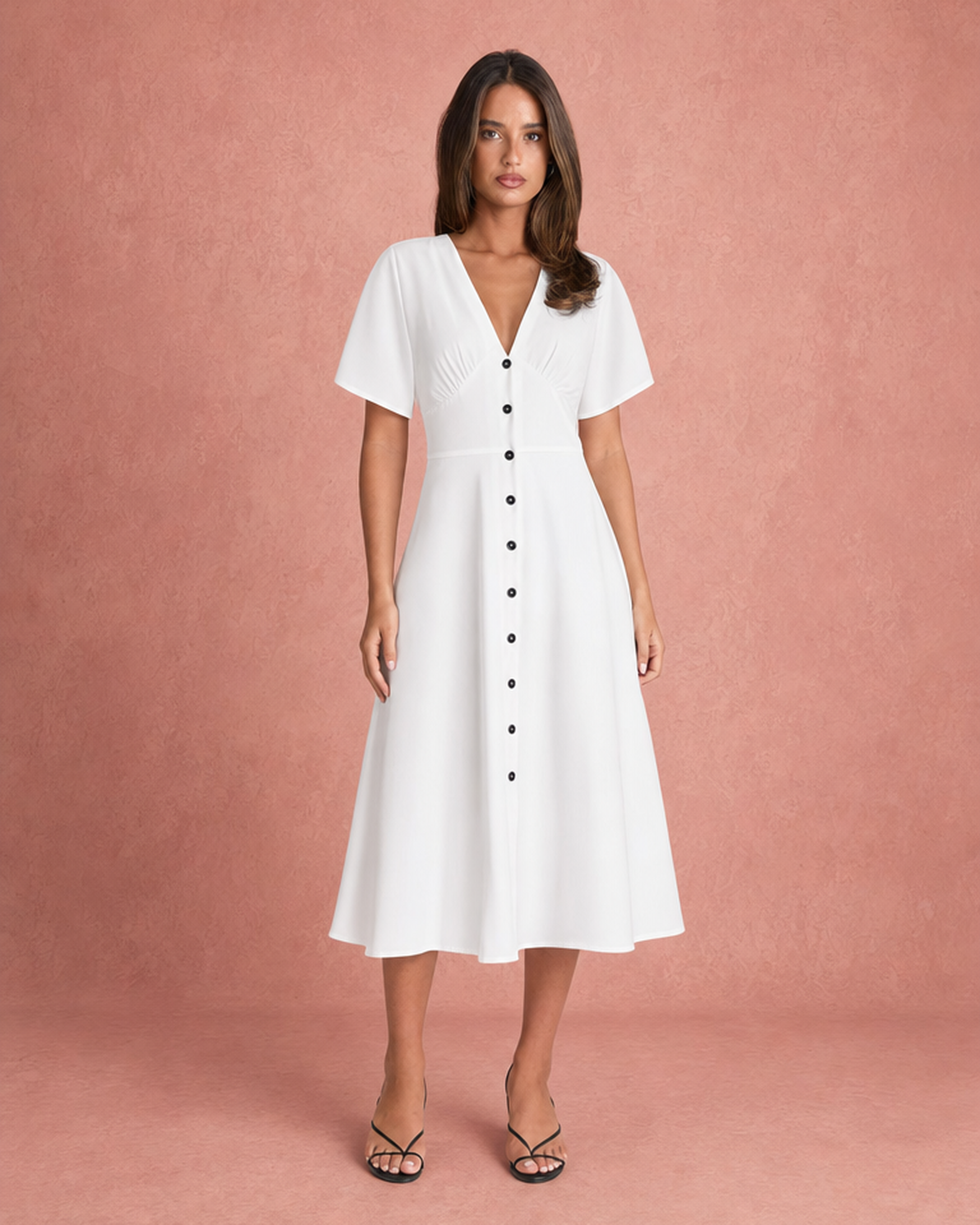 V-Neck Button-Front Wide Sleeve Midi Dress - White