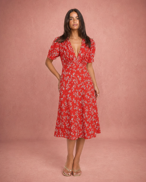 Floral Print Flowing Maxi Dress - Red