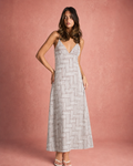 V-Neck Ruched Bust Geometric Print Maxi Dress - Plaid