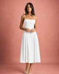 Spaghetti Strap Low Neck Gathered Midi Dress - White