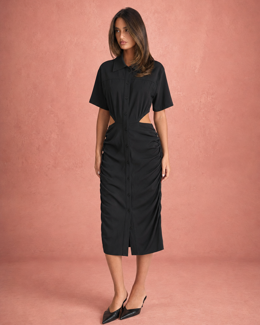 Shirt Collar Waist Cut-Out Ruched Midi Shirt Dress - Black