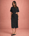 Shirt Collar Waist Cut-Out Ruched Midi Shirt Dress - Black