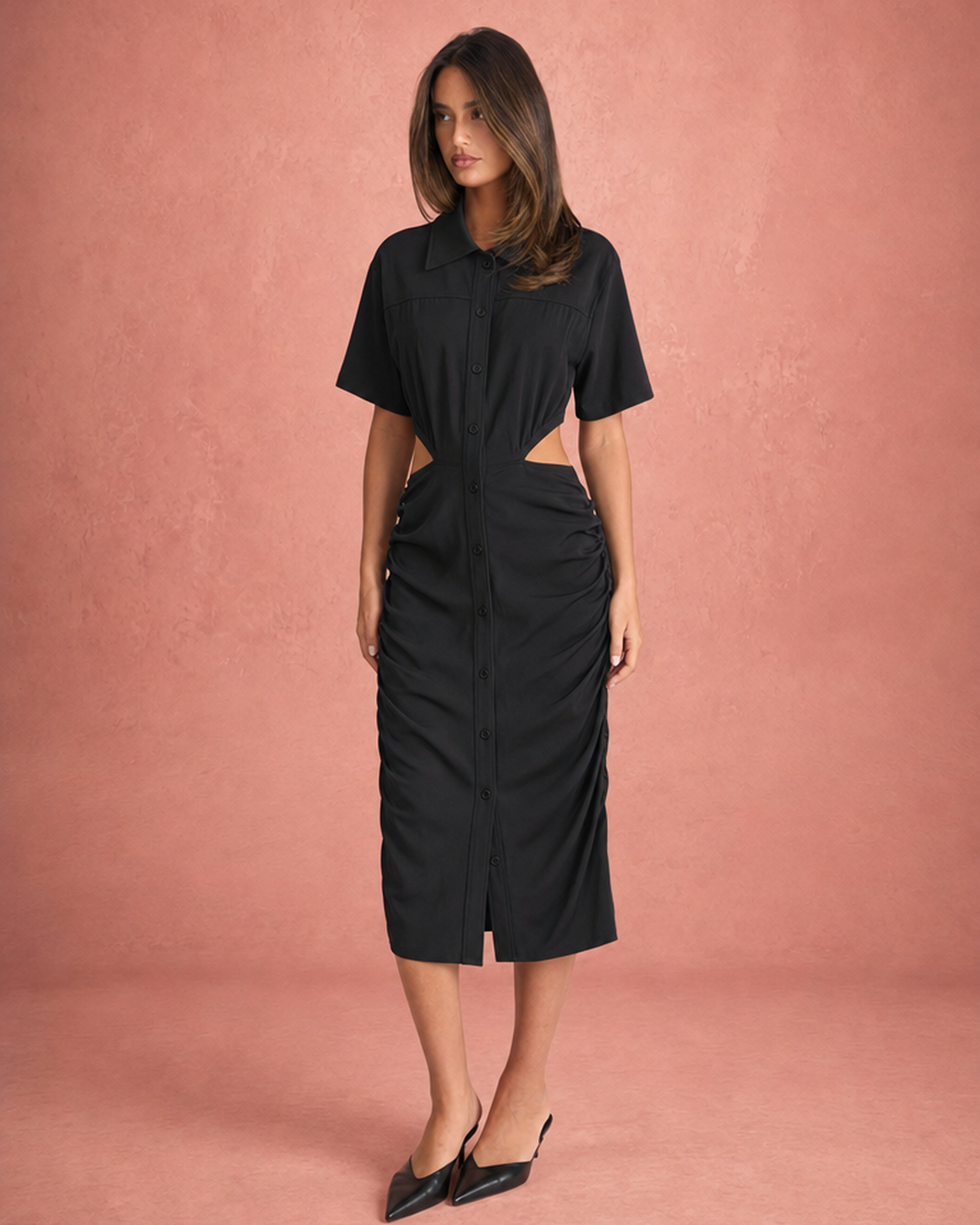 Shirt Collar Waist Cut-Out Ruched Midi Shirt Dress - Black