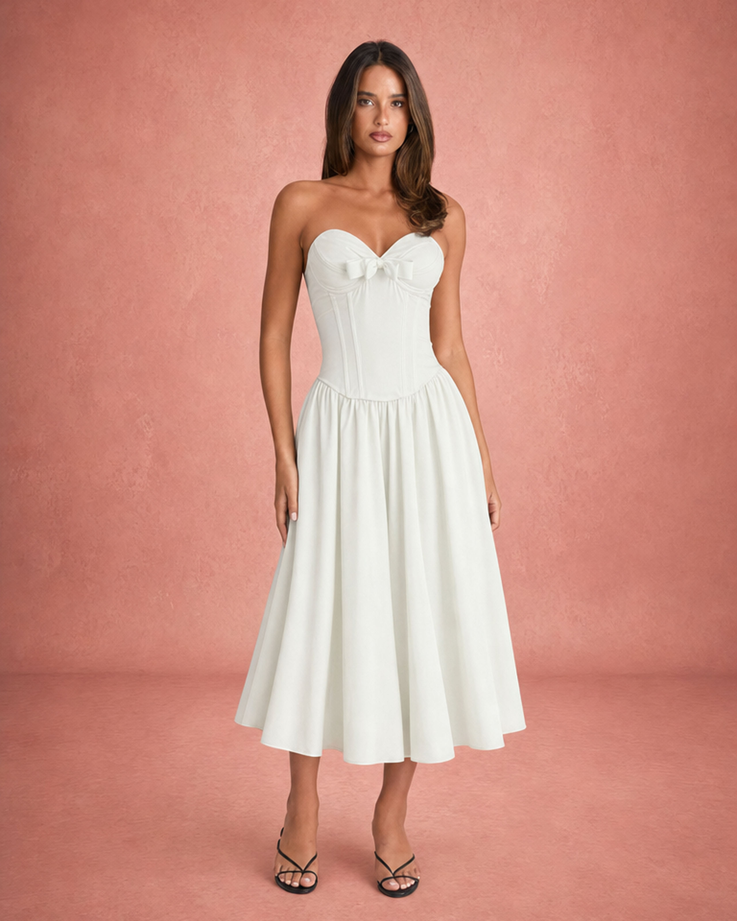 Strapless Corset Bodice Bow Detail Midi Dress - White
