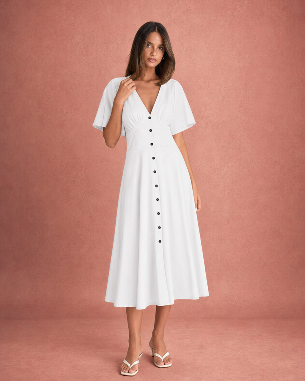 V-Neck Button-Front Wide Sleeve Midi Dress