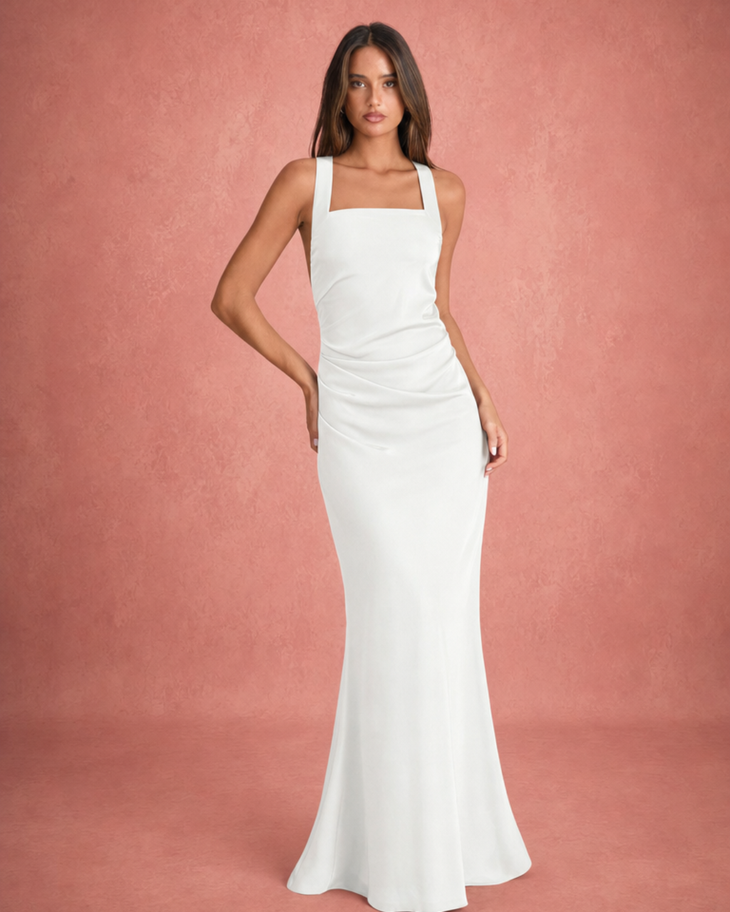 Square Neck Ruched Fishtail Bodycon Maxi Dress