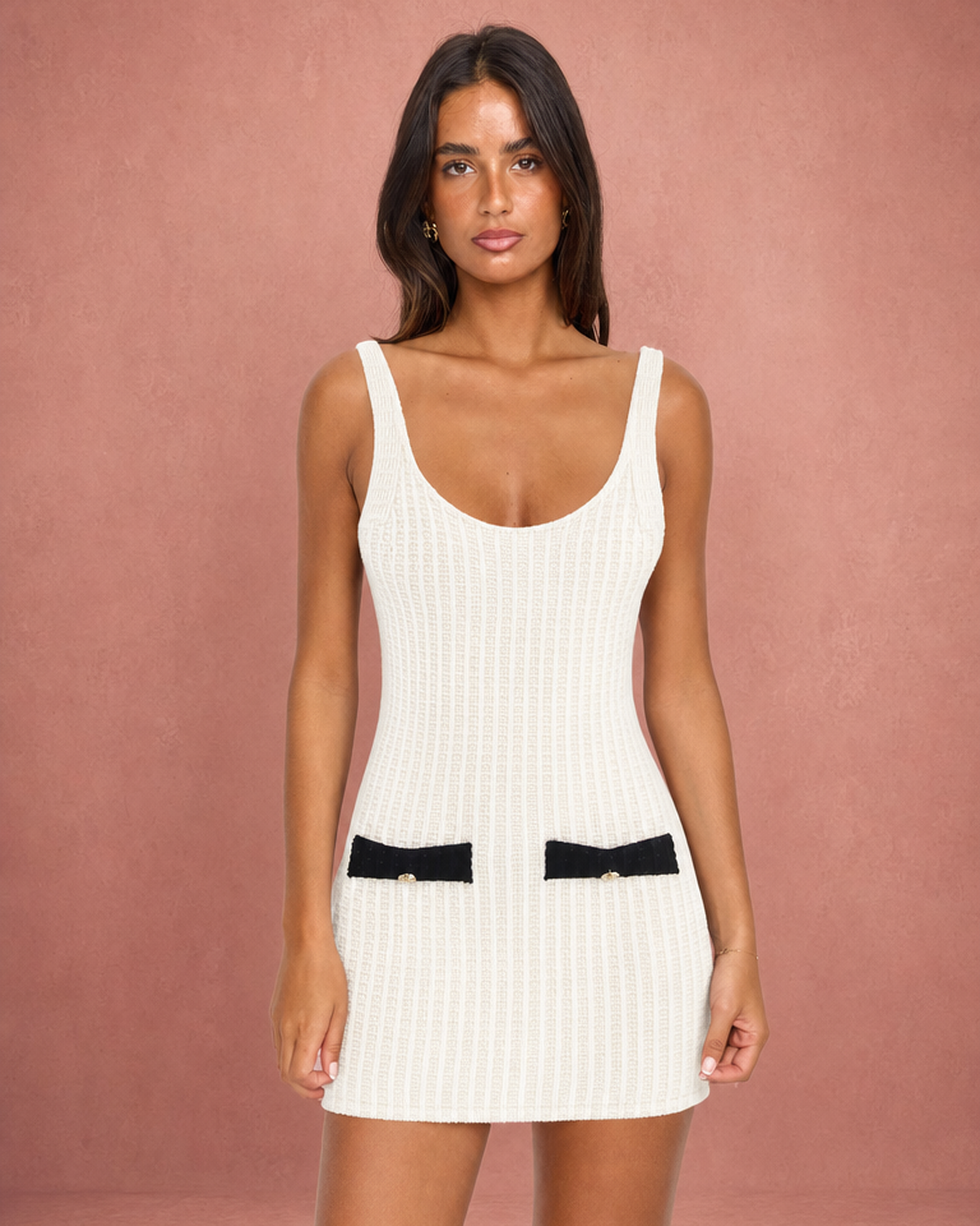 U-Neck Bow Detail Ribbed Knit Mini Dress