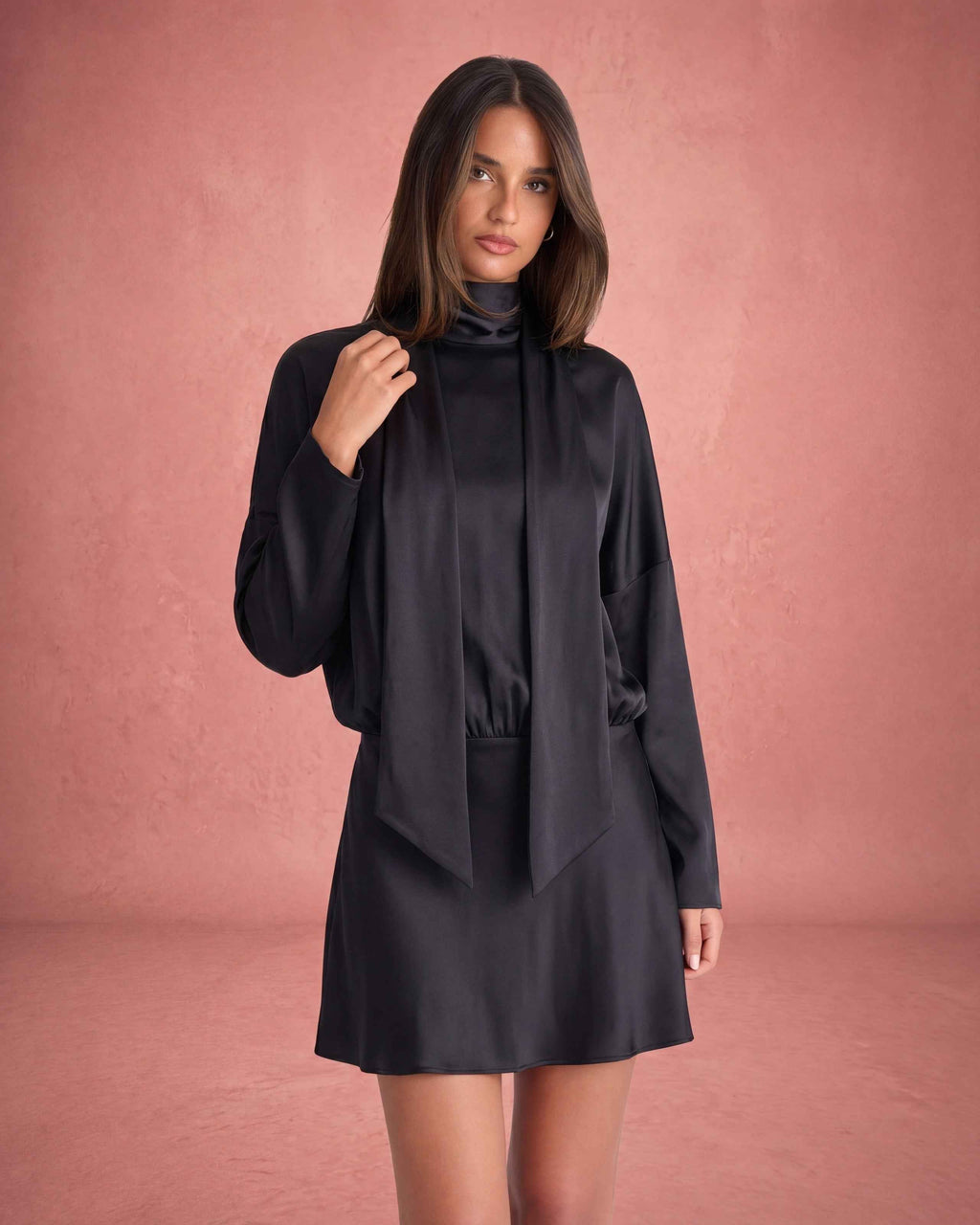 Scarf Collar Long Sleeve Cinched Waist Satin Mini Dress