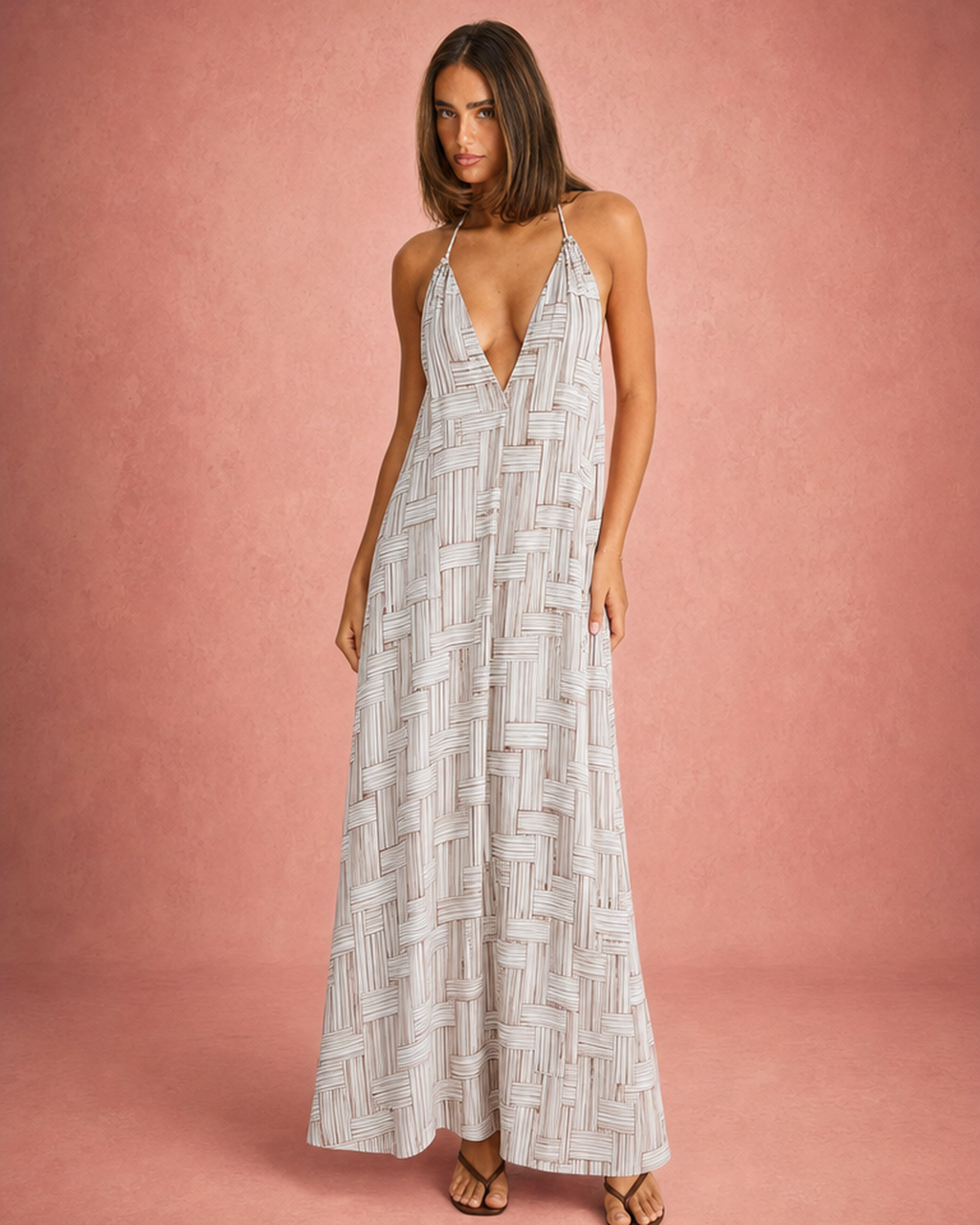 V-Neck Ruched Bust Geometric Print Maxi Dress