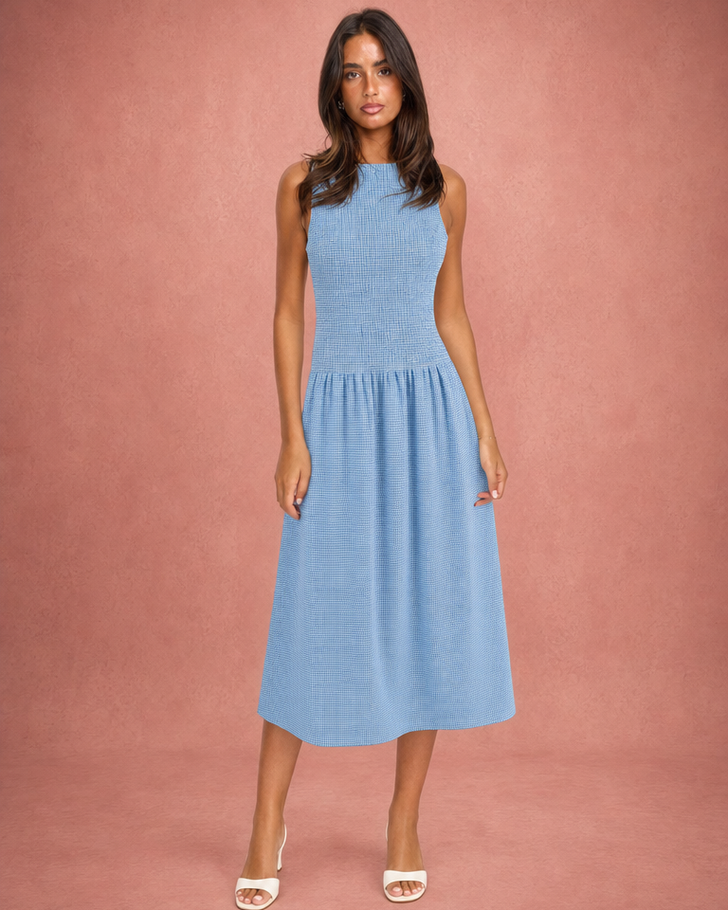 Round Neck Smocked Bodice A-Line Midi Dress