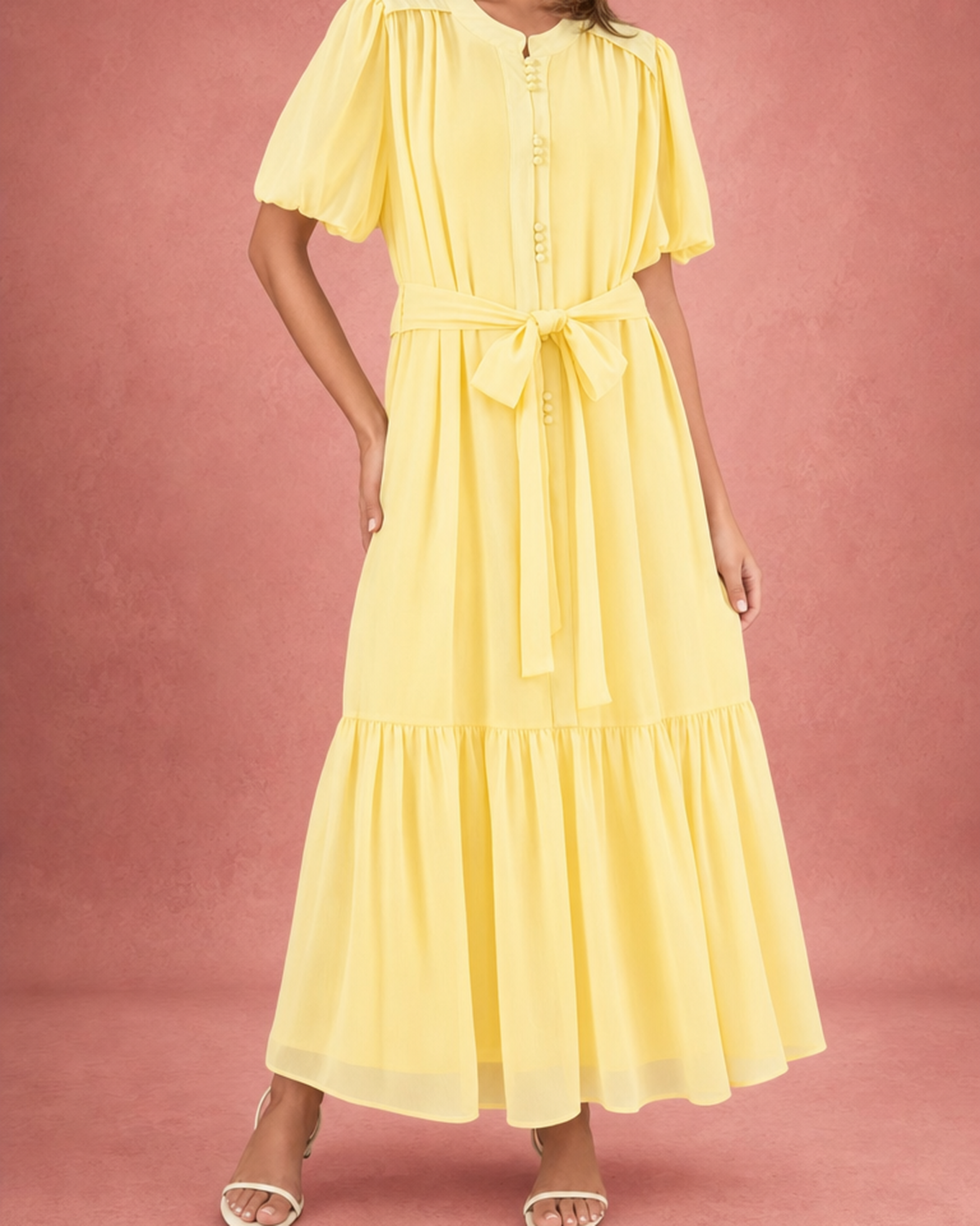 Round Neck Puff Sleeve Tie-Waist Tiered Maxi Dress
