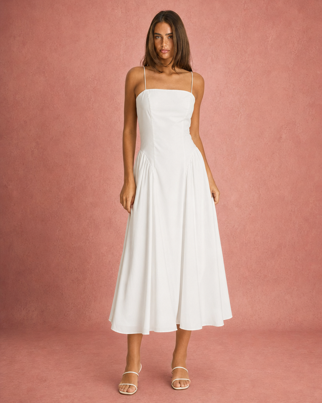 Spaghetti Strap Low Neck Gathered Midi Dress