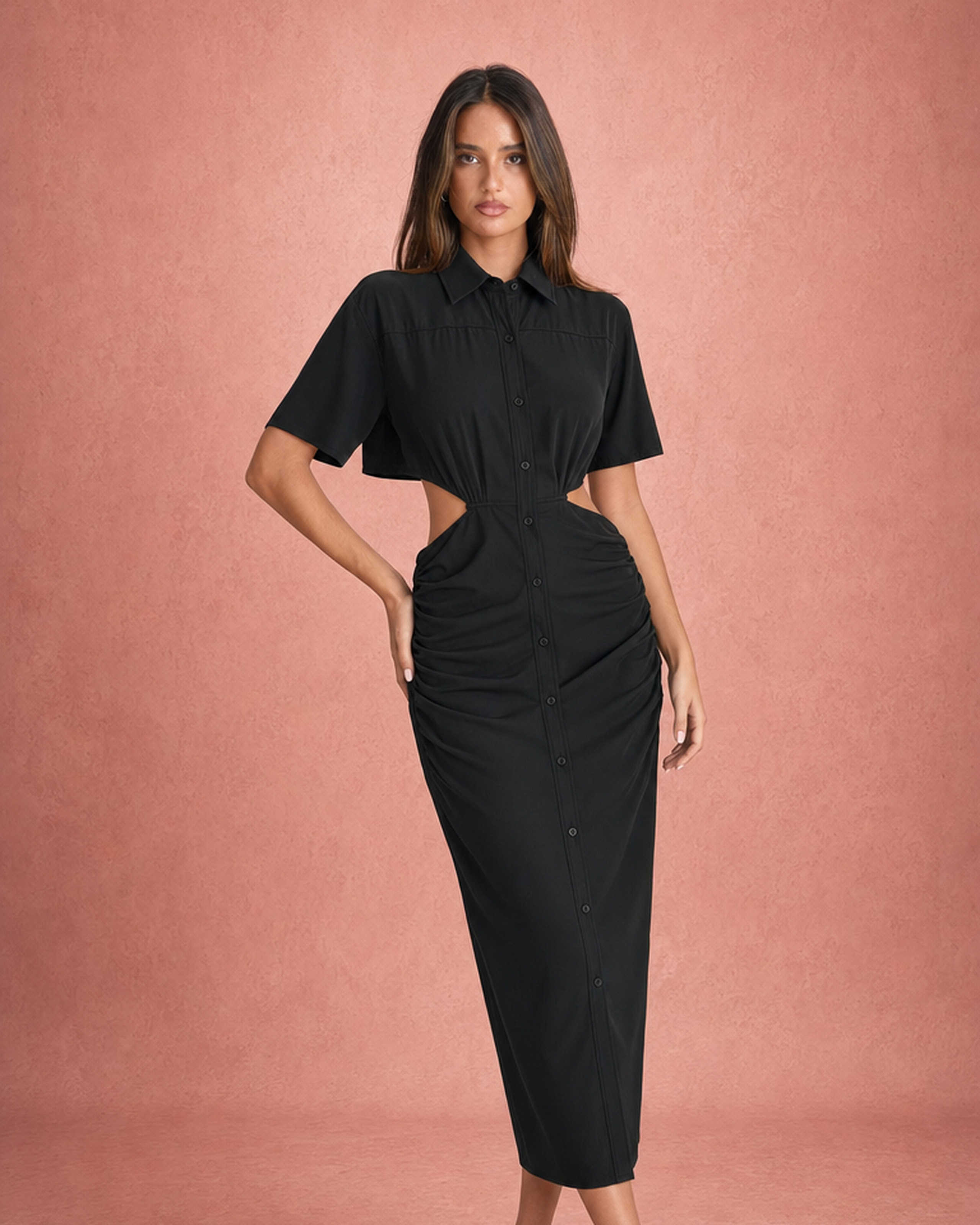 Shirt Collar Waist Cut-Out Ruched Midi Shirt Dress