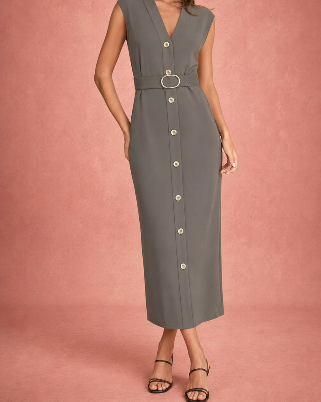 V-Neck Button-Front D-Ring Belt Sleeveless Midi Shirt Dress