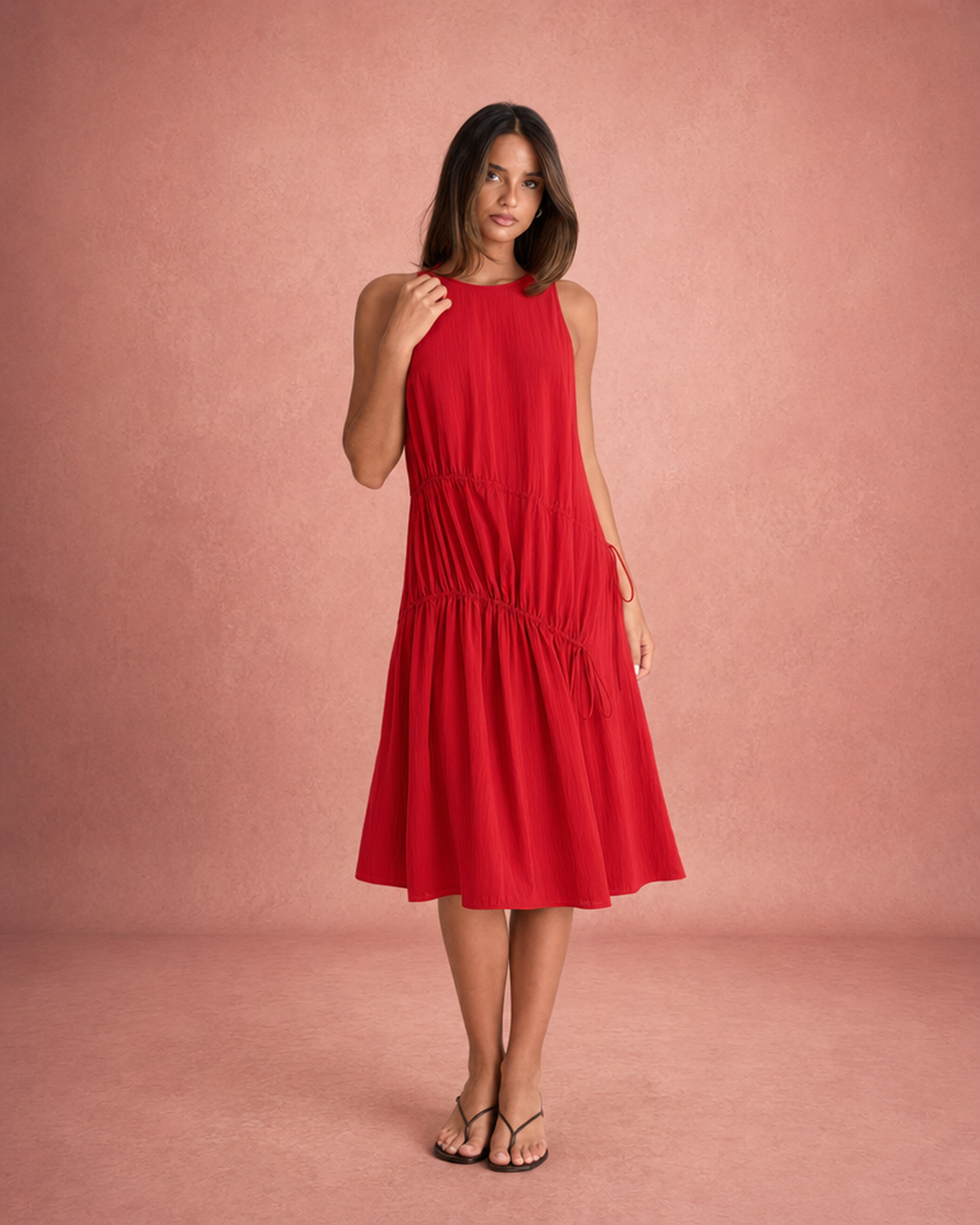 Sleeveless Flowing Satin Midi Dress