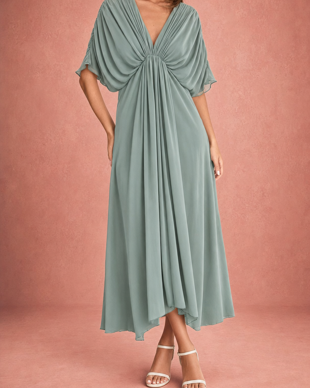 V-Neck Ruched Bodice Wide Sleeve Chiffon Maxi Dress