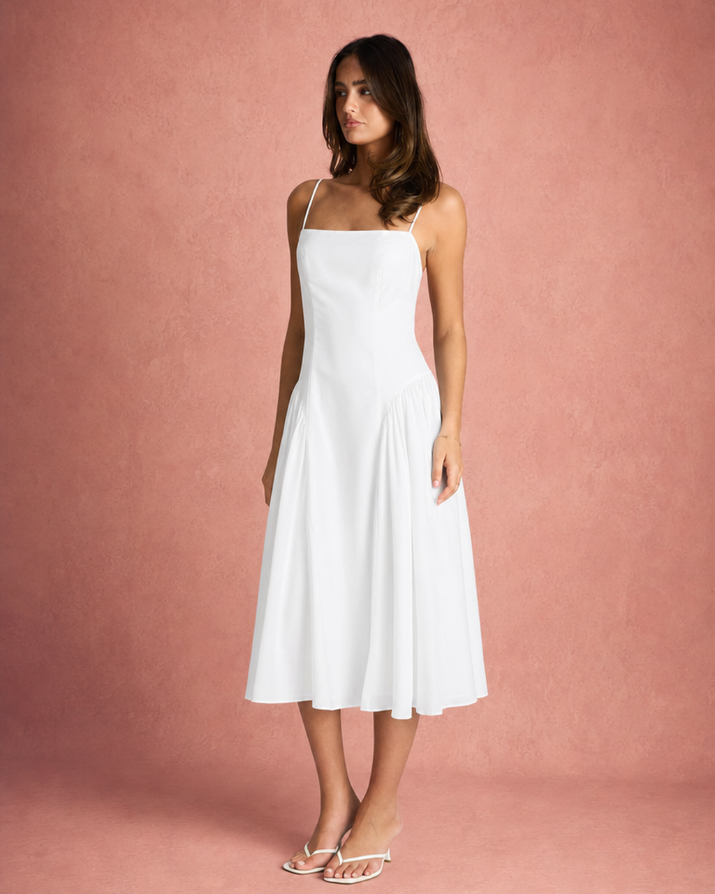 Spaghetti Strap Low Neck Gathered Midi Dress