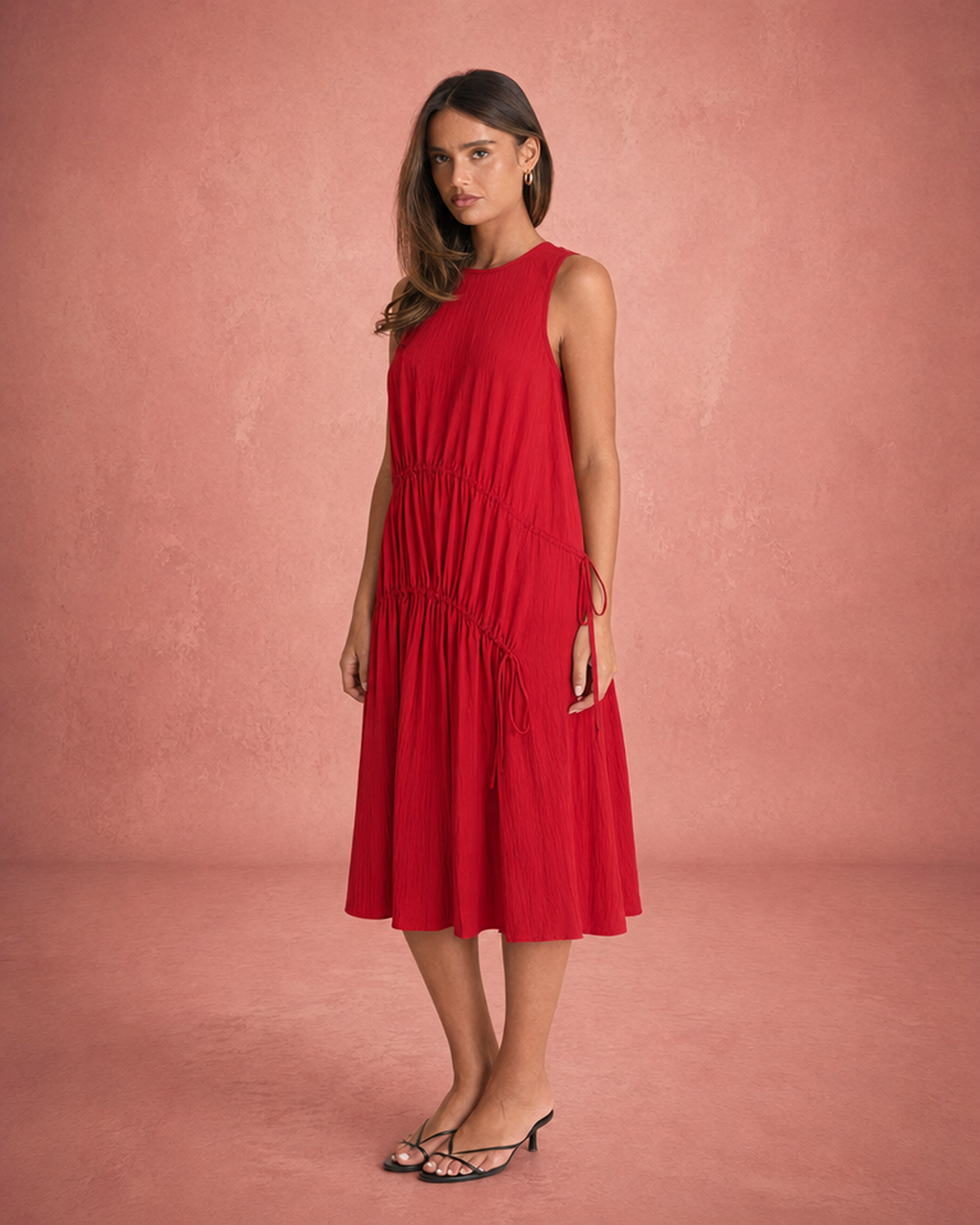 Sleeveless Flowing Satin Midi Dress