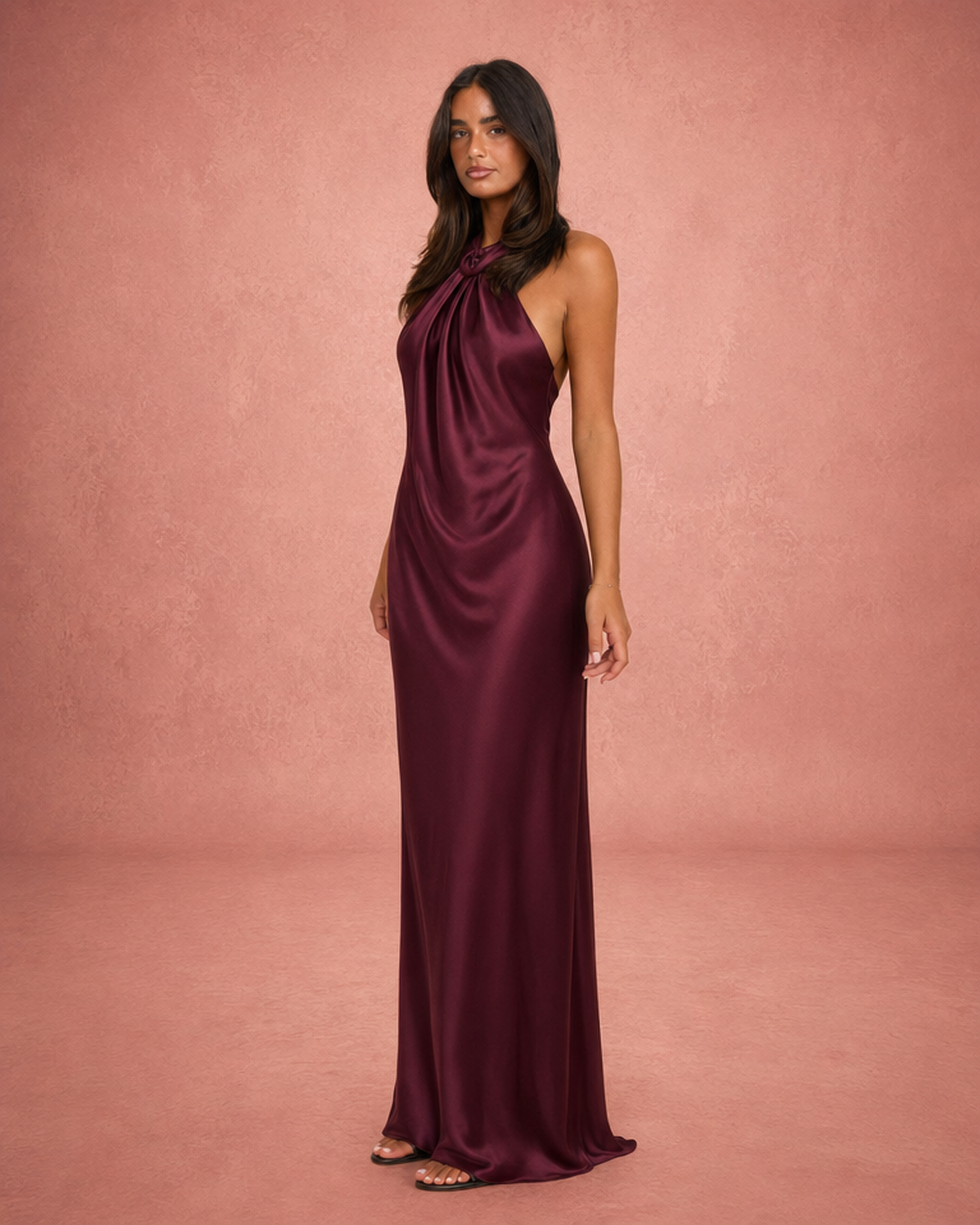 Satin Halter Neck Bodycon Maxi Dress - Wine Red