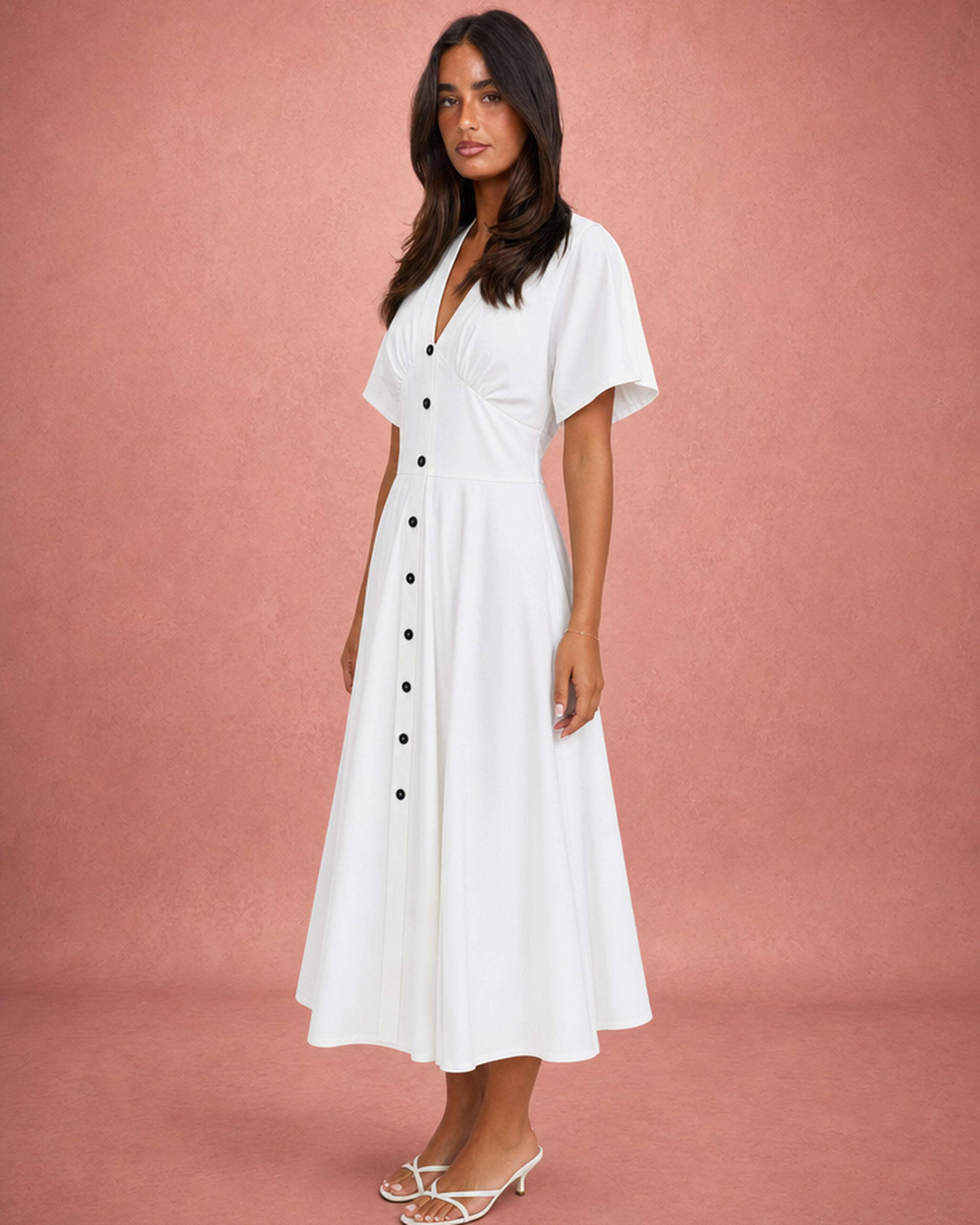 V-Neck Button-Front Wide Sleeve Midi Dress