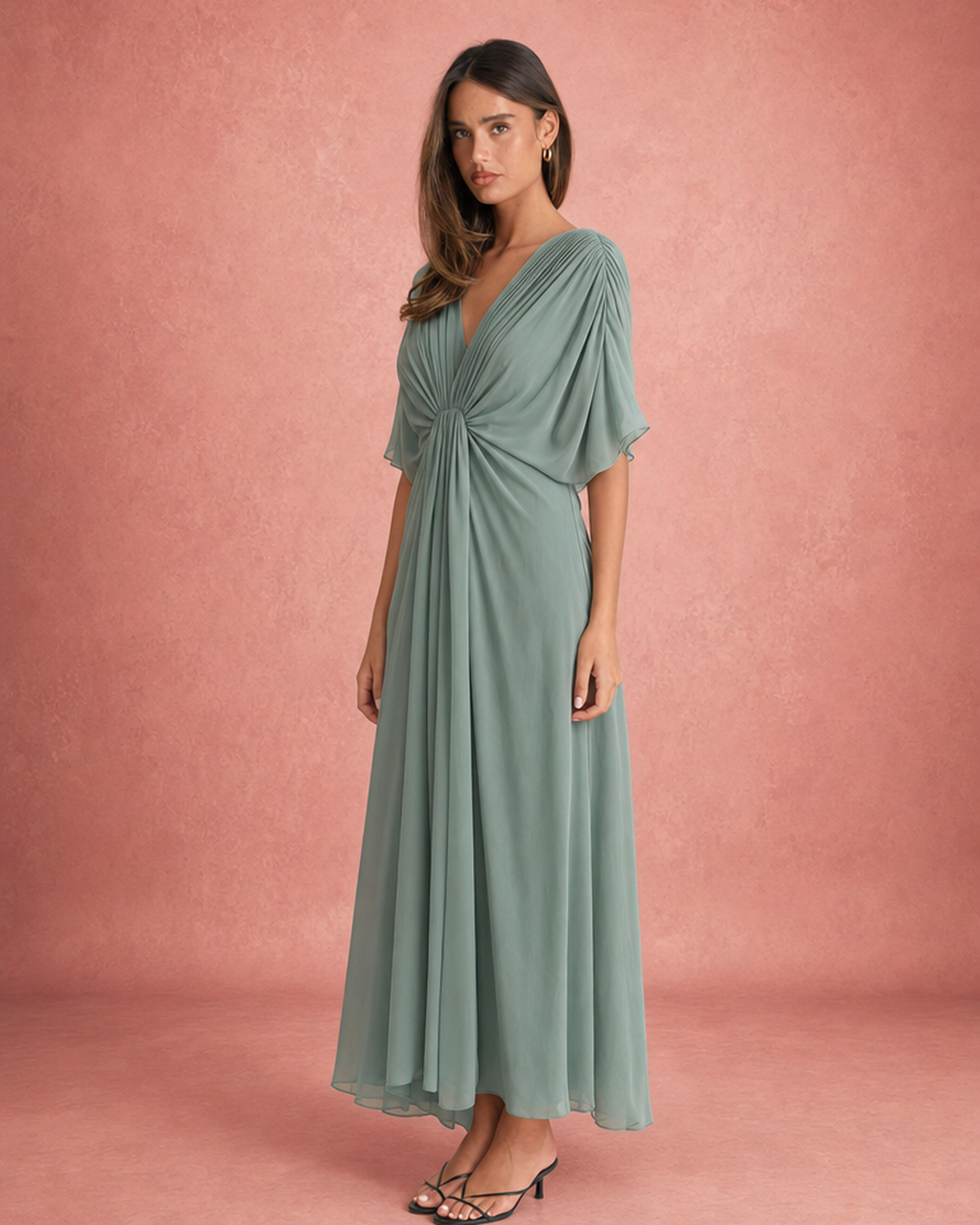 V-Neck Ruched Bodice Wide Sleeve Chiffon Maxi Dress