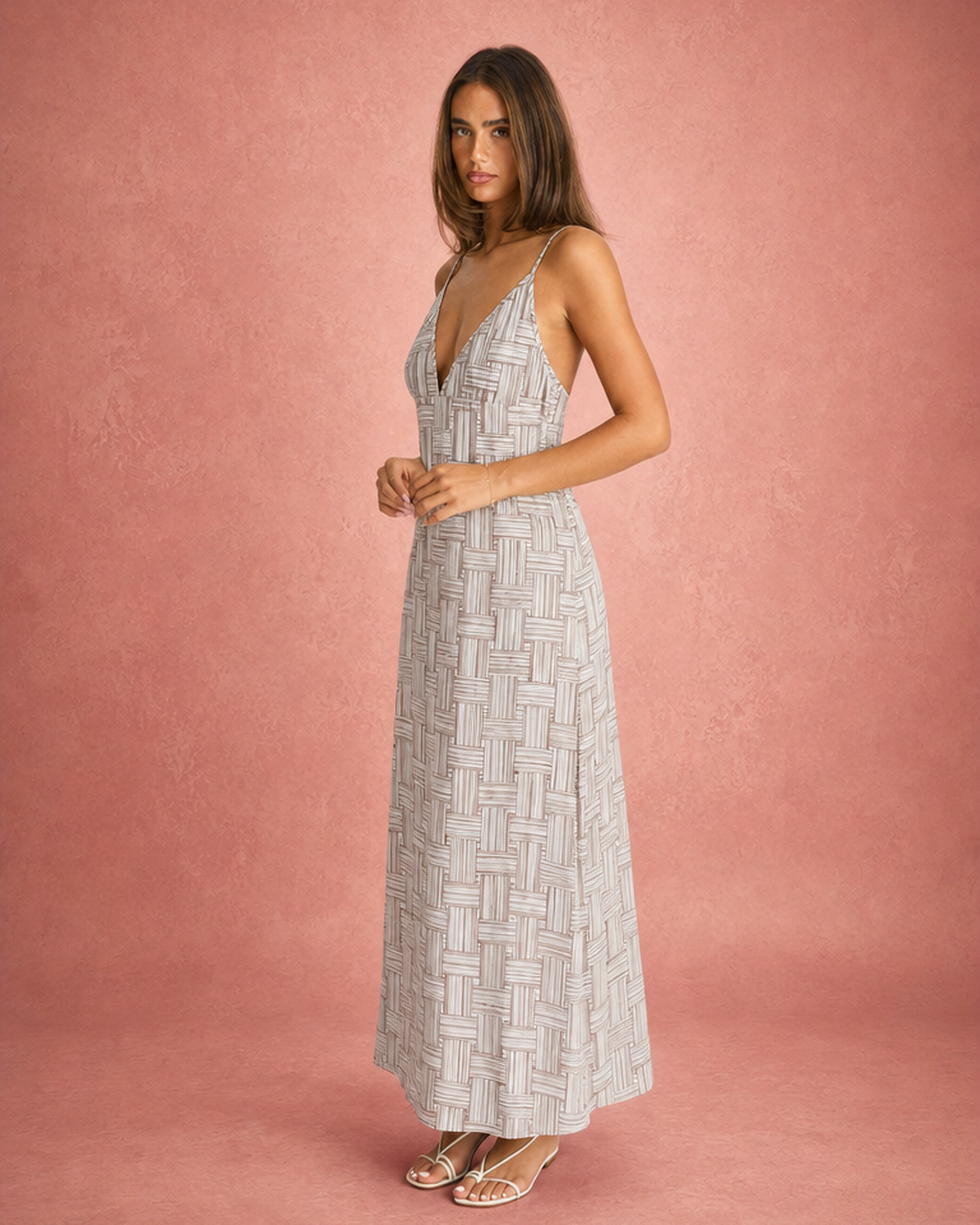 V-Neck Ruched Bust Geometric Print Maxi Dress